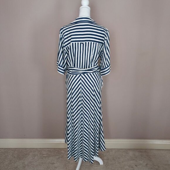 Zara Navy Blue Striped Linen Blend Belted Midi Shirt Dress Size Large - Picture 5 of 11